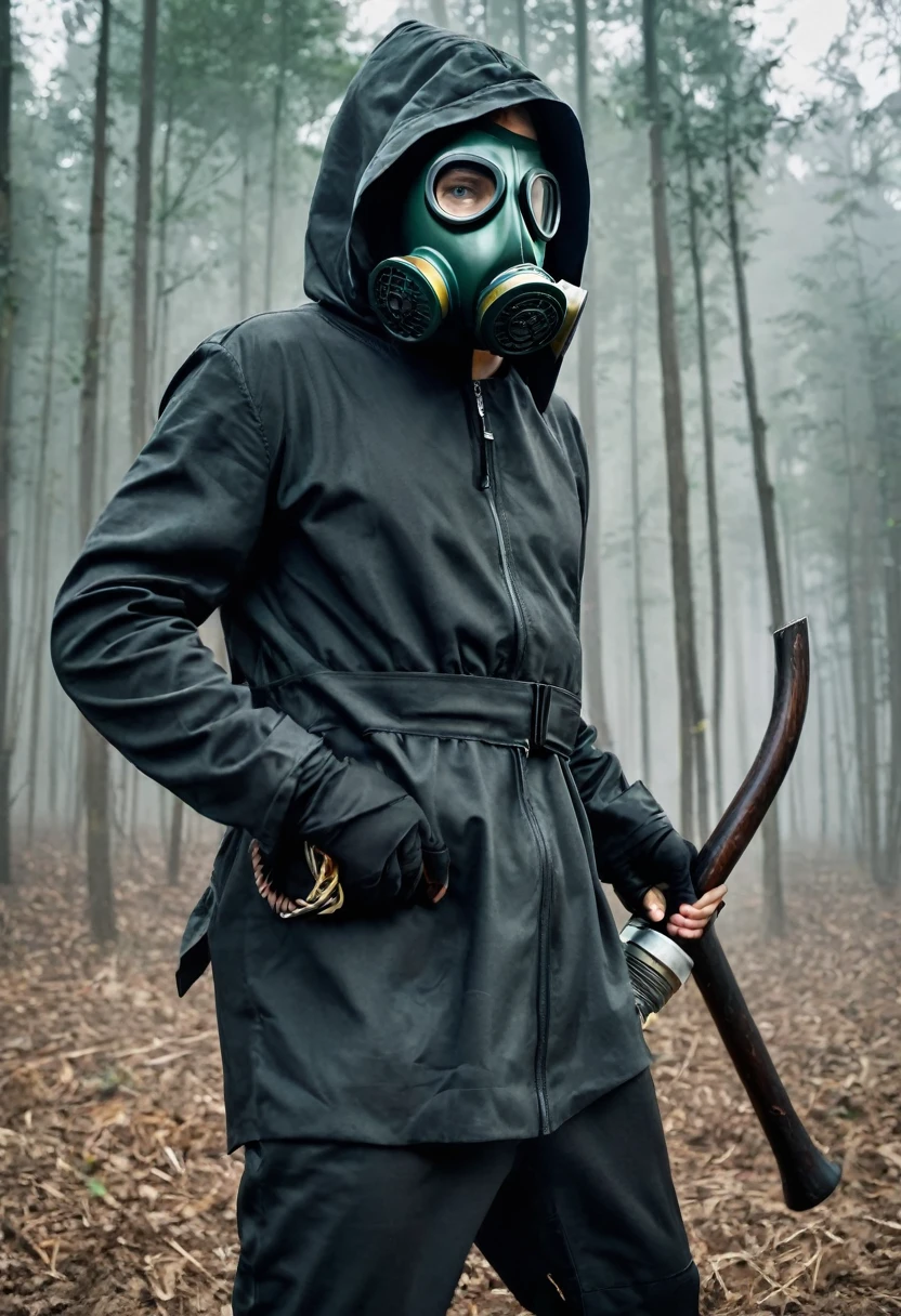 Wearing a gas mask　people　With a two-handed axe　It is held horizontally　male　front　Costume with hood　The whole body is in it