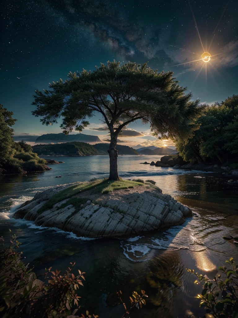 photorealistic landscape, natural landscape, naturey, Beleza Da naturey, Golden Sunset, Sky, Sky Power, Detailed Realistic Sunset, Cedars, Cedar, God's City, Heavens Realm, mountainscape, rivers of water, Sunset realism, Moon, Full Moon, Árvores naturey, Alone Men, man on his back, Man's Back, panorama, Alpha Male, Path to Heaven, heavenly, Detailed Realistic Image 8K, 16K Photorealistic Contrast, 8K Photorealistic Sharpness, 4K Photorealistic Cores, 16K Photorealistic Shadows, 8K Photorealistic Textures, 16K Photorealistic Texture, 4K Photorealistic Light, 4K PhotoRealism, FullHD 4K Detailed Contrast, detailed sharpness FullHD 8K, detailed sharpness FullHD 4K, detailed sharpness, 2K Detailed Colors, lifelike colors, FullHD Detailed Shadows, 4K Detailed Textures, detailed texture, padoru, Natural Beauty, chic