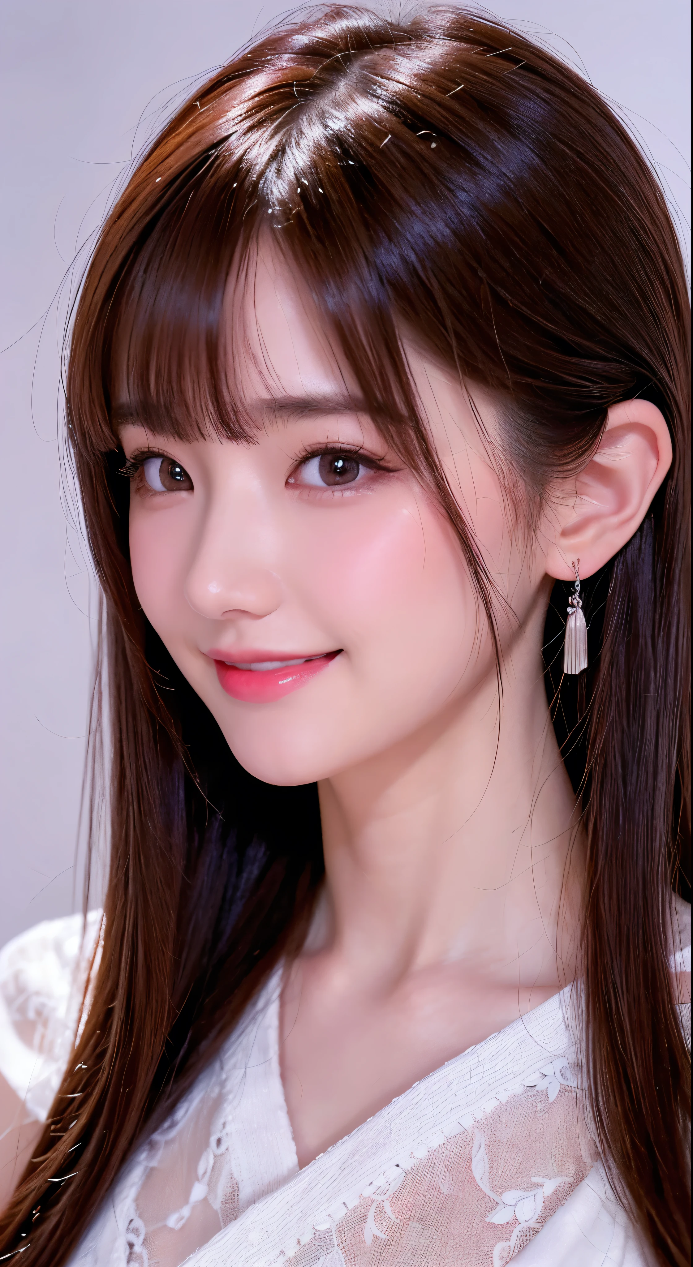with high definition images，A light smile、ear blush、tooth、Chestnut Hair、bangs、Side Blade、Hello、Surrealism、Drop Shadow、Stereogram、Tachi-e、8K、Super detailed、Curate、Highest quality