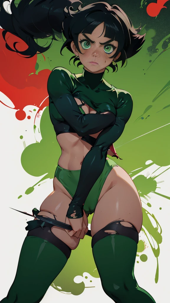 Buttercup from Powerpuff Girls as a Violent Mature Themed Action Anime, bloody battle damage and wear, revealing Damaged and Ripped clothes, curvy, green and black outfit