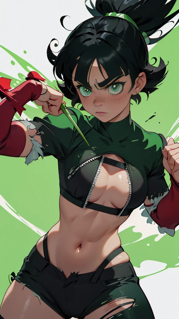 Buttercup from Powerpuff Girls as a Violent Mature Themed Action Anime, bloody battle damage and wear, revealing Damaged and Ripped clothes, curvy, green and black outfit