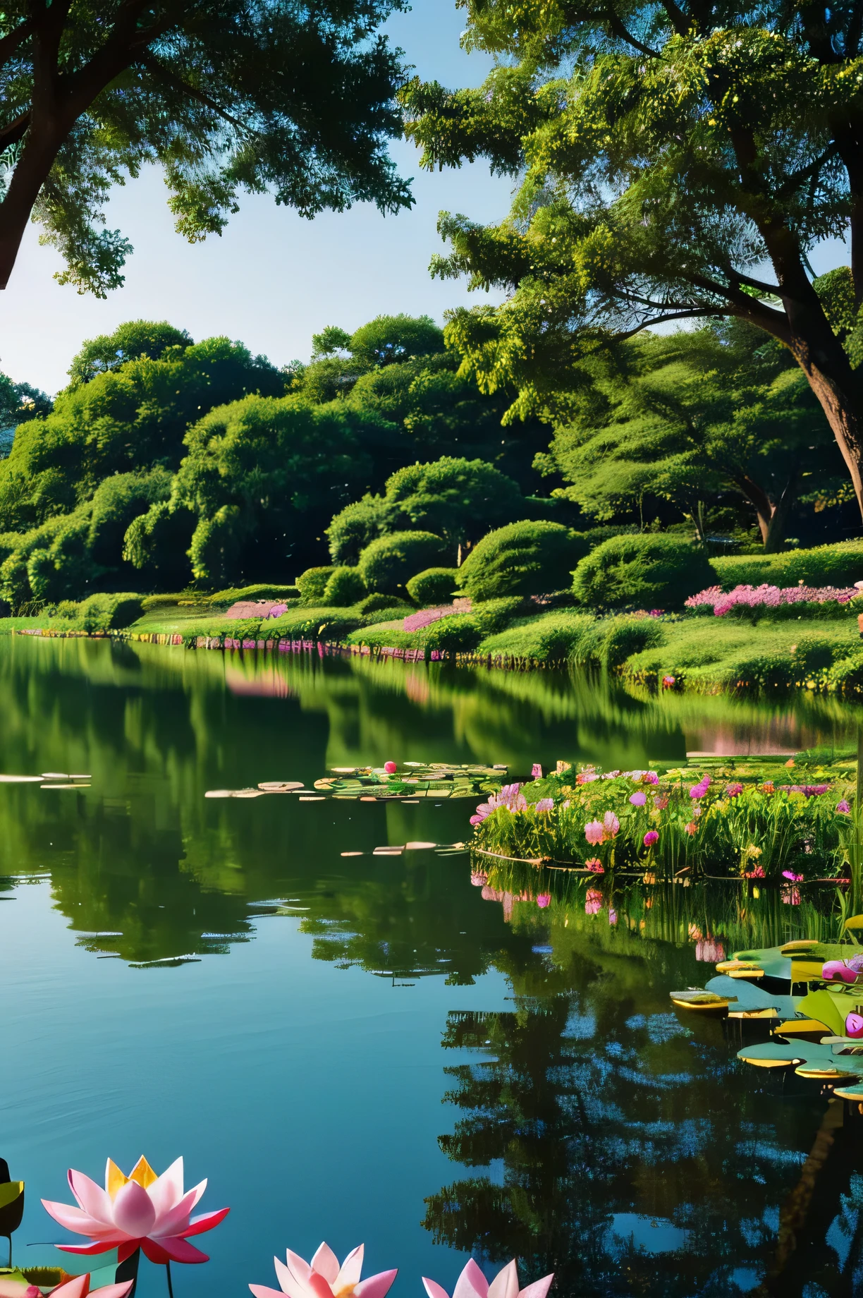 A lotus lake in ghibli style
