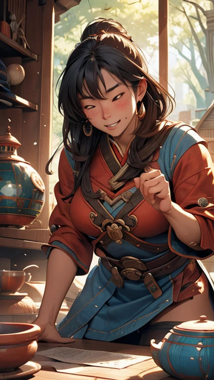 Enki Bilal, Jean Giraud, Jean-Claude Mézières, Harue Koga, John Blanche, Surrealism, wonder, strange, fantastical, fantasy, Sci-fi, Japanese anime, pottery kiln keeper, beautiful girl in miniskirt, perfect voluminous body sweating, organic geometric artificial object forest, life inside objects, detailed masterpiece Zoom in angles extreme perspective hyper realistic sharp focus shy cute embarrassing blushing wanting