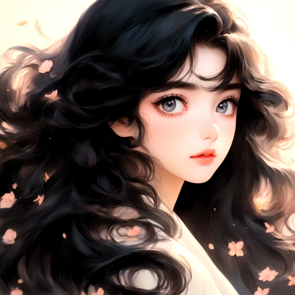 a beautiful anime girl, eyes visible through hair, big bright eyes, black long hair, light blush, 1980s anime style, dreamy realism, portrait, high details, 8k 