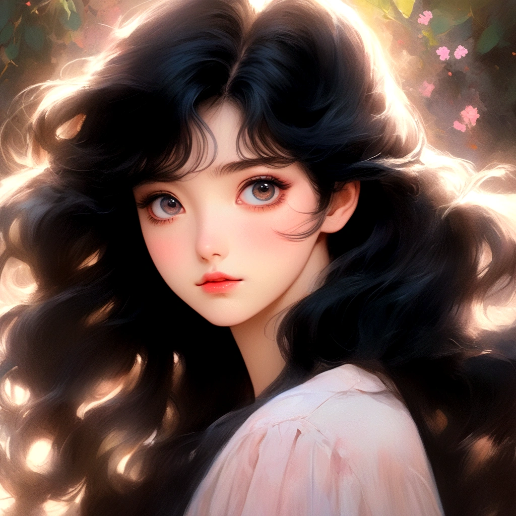 a beautiful anime girl, eyes visible through hair, big bright eyes, black long hair, light blush, 1980s anime style, dreamy realism, portrait, high details, 8k