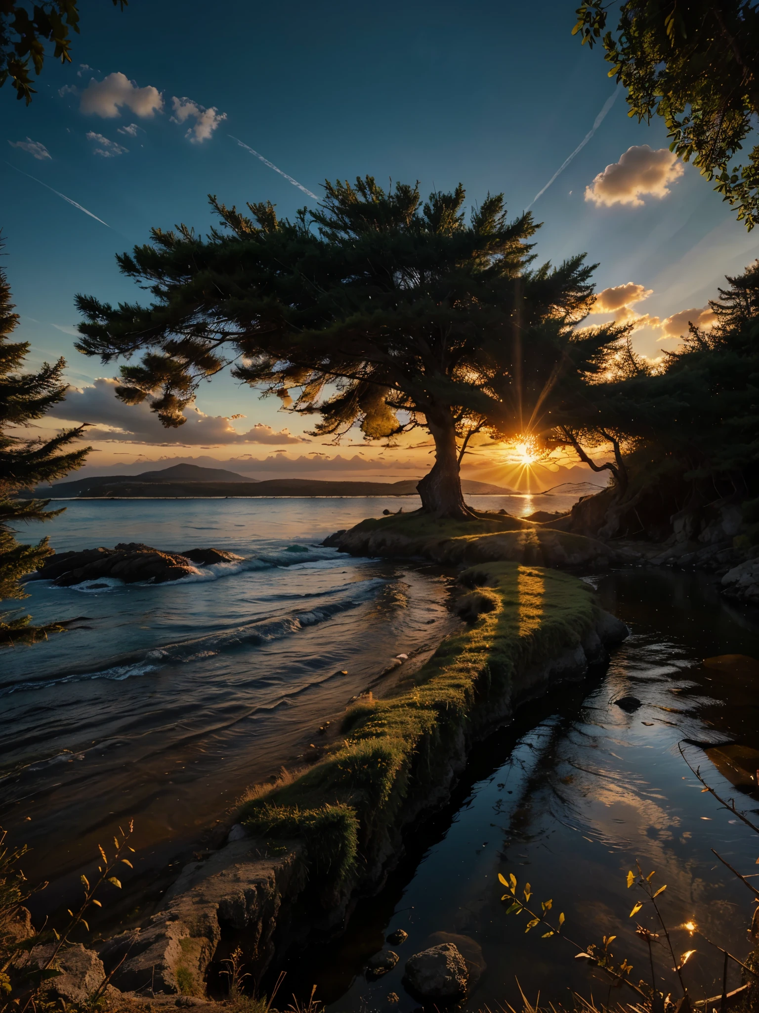 photorealistic landscape, natural landscapes, naturals, Natural Beautys, golden sunset, sky, sky Power, Detailed realistic sunset, Cedars, Cedar, God's city, Heavens Realm, mountainous landscape, Rivers of water, sunset Realism, natural treess, alone men, man on his back, man's back, panorama, Alpha Male, Caminho para o sky, heavenly, 8K Detailed Realistic Image, 16K Photorealistic Contrast, 8K Photorealistic Sharpness, Photorealistic 4K cores, 16K Photorealistic Shadows, 8K Photorealistic Textures, 16K Photorealistic Texture, 4K Photorealistic Light, 4K PhotoRealism, FullHD 4K Detailed Contrast, detailed sharpness FullHD 8K, detailed sharpness FullHD 4K, detailed sharpness, 2K detailed colors, lifelike colors, FullHD Detailed Shadows, 4K Detailed Textures, detailed texture, padoru, natural beautifuls, posh