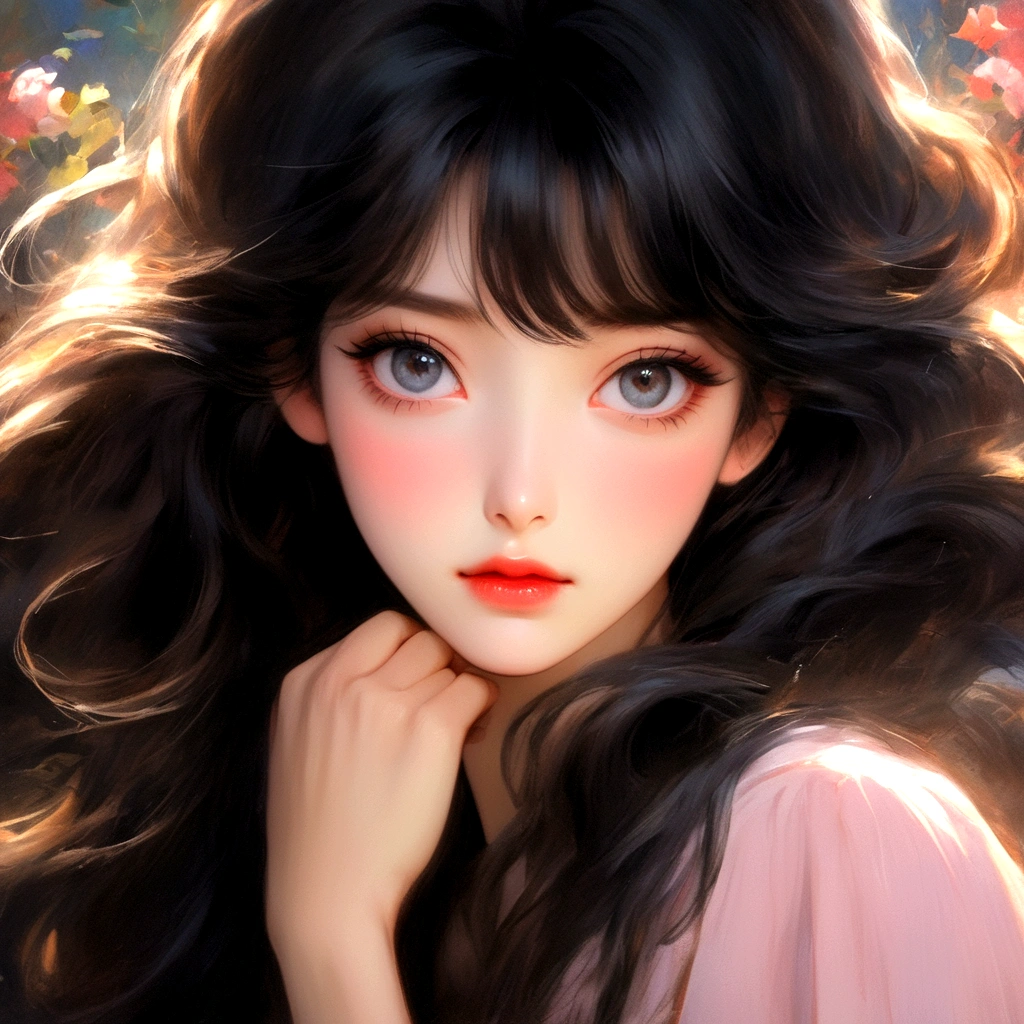 A beautiful anime girl，Eyes can be seen through the hair，Big bright eyes，Black long hair，faint blush，1980s anime style，dreamy realism，Portraiture，High Detail，8K，Aspect ratio 3:4，Anime model 5