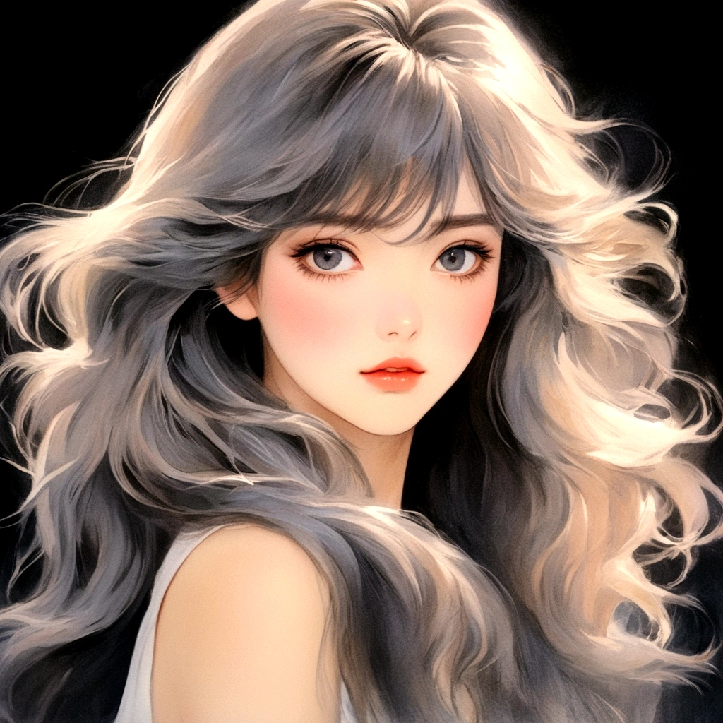 A beautiful anime girl，Eyes can be seen through the hair，Big bright eyes，Black long hair，faint blush，1980s anime style，dreamy realism，Portraiture，High Detail，8K，Aspect ratio 3:4，Anime model 5