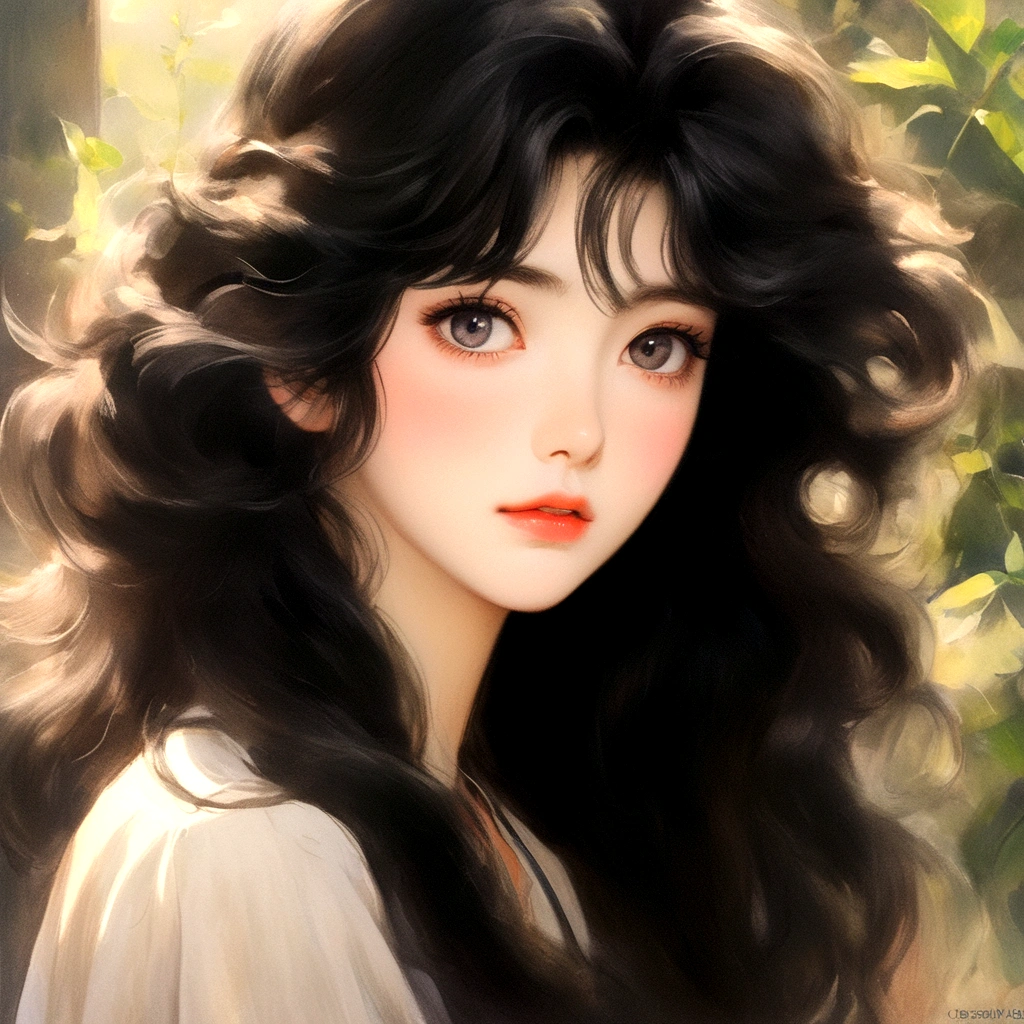 A beautiful anime girl,Eyes can be seen through the hair,Big bright eyes,Black long hair,faint blush,1980s anime style,dreamy realism,Portraiture,High Detail,8K,Aspect ratio 3:4,Anime model 5