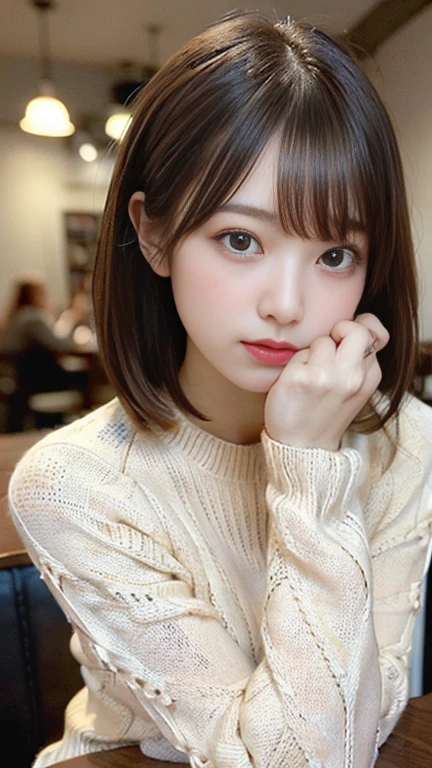 (masterpiece:1.5)、(Realistic:1.5)、(Highest quality:1.4、8K、RAW Photos）、 Ultra-high resolution、Professional Lighting、Perfect dynamic composition、Photo shoot at an antique and stylish cafe、 Film Grain、chromatic aberration、(Bokeh:1.1)、 Frank、Sophisticated、charm、超Realistic、High detail、Golden Ratio、 (1 Girl)、Slender girl、繊細でcharm女の子、Cute Woman:1.4、 Serious expression、Looking at the audience、Sculptural installation、Light brown hair、Shiny Hair、Hairstyle: Ponytail、 Realistic looking skin、 Shut your mouth.、Beautiful Eyes、double eyelid、Thin arms、(Wearing a white knitted sweater:1.3)