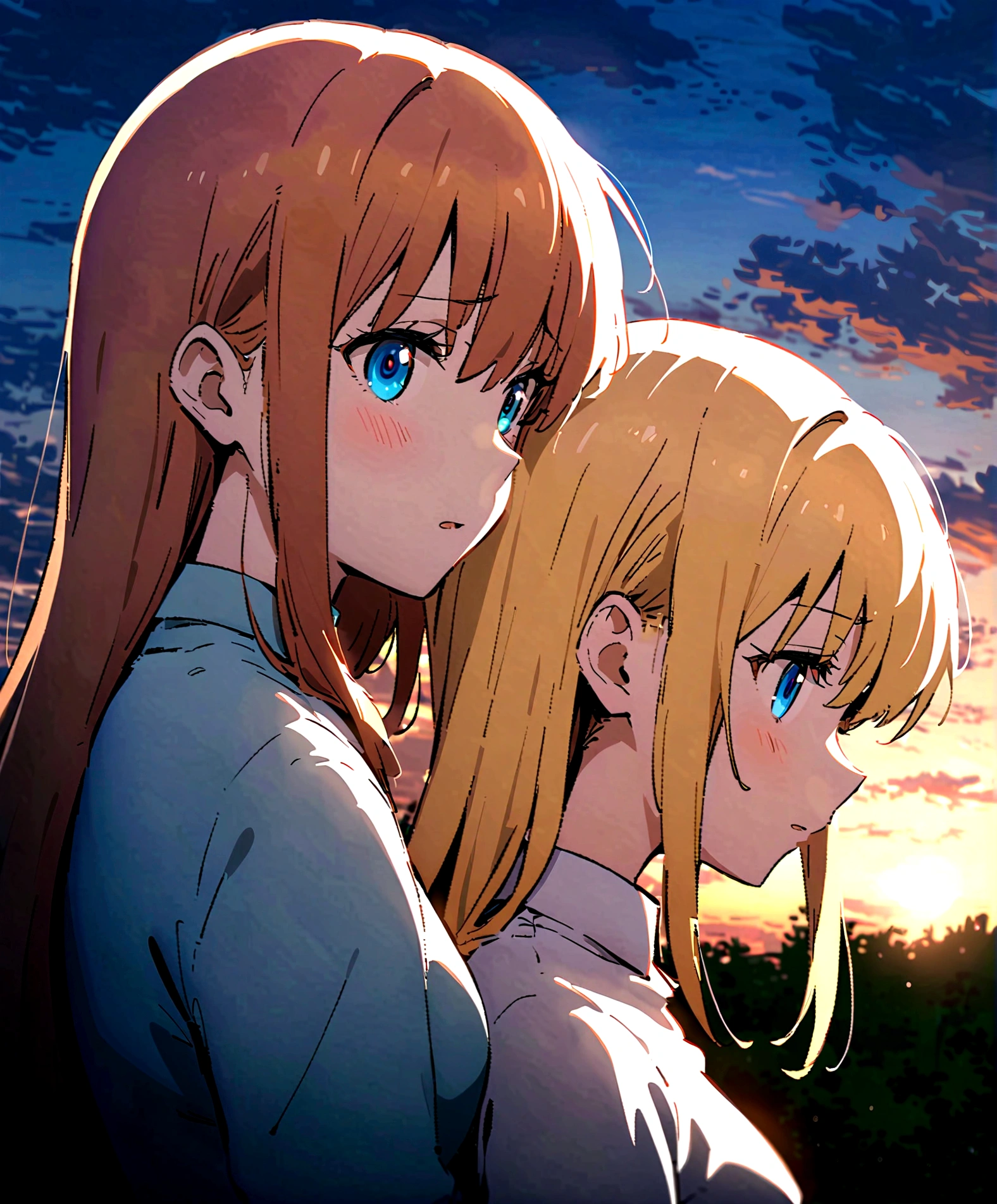 Anime image of a pair of girls with blonde hair and blue eyes., two beautiful anime girls, anime girls, Romance Shojo, dlc, Ecchi anime style, shoujo manga, holoviva, Kinmoza!, RB6S), beautiful anime style, in anime style, ecchi, by Naka Bokunen, Lolish, Beautiful natural anime face