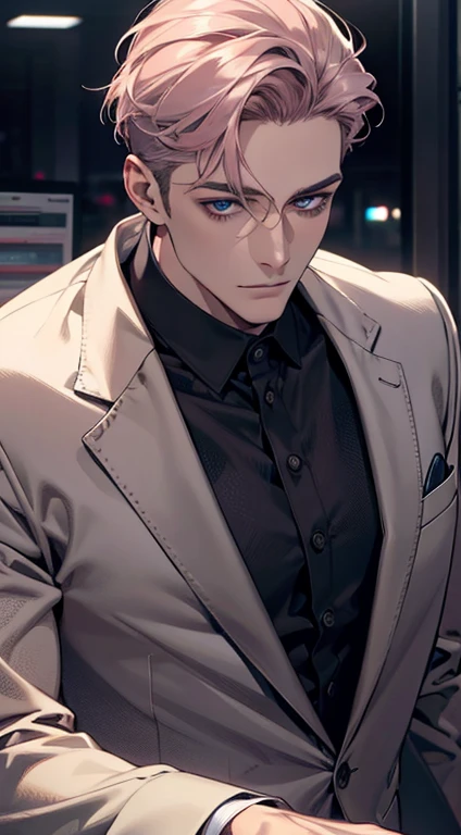 (best quality,4k,8k,highres,masterpiece:1.2),ultra-detailed,(realistic,photorealistic,photo-realistic:1.37),1 man,31 years old,mature man,very handsome,without expression,smile,short grey pink hair,blue eyes,penetrating gaze,perfect face without errors,imposing posture,businessman,office background,cinematic lighting,hdr image