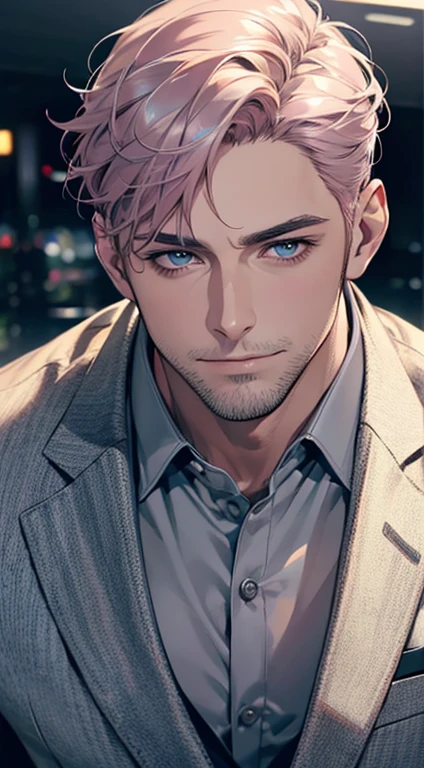 (best quality,4k,8k,highres,masterpiece:1.2),ultra-detailed,(realistic,photorealistic,photo-realistic:1.37),1 man,31 years old,mature man,very handsome,without expression,smile,short grey pink hair,blue eyes,penetrating gaze,perfect face without errors,imposing posture,businessman,office background,cinematic lighting,hdr image