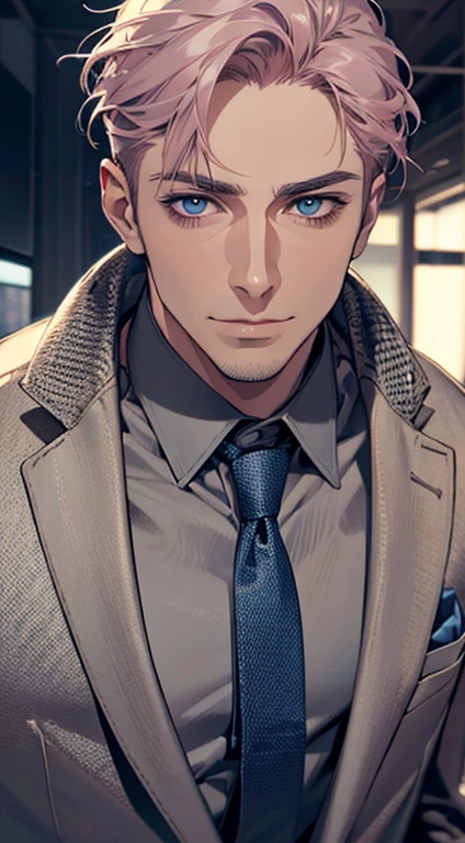 (best quality,4k,8k,highres,masterpiece:1.2),ultra-detailed,(realistic,photorealistic,photo-realistic:1.37),1 man,31 years old,mature man,very handsome,without expression,smile,short grey pink hair,blue eyes,penetrating gaze,perfect face without errors,imposing posture,businessman,office background,cinematic lighting,hdr image