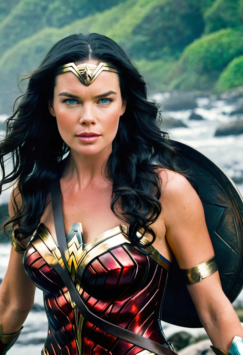 ebecca Romijn(((long black hair)))under the mantle of the Amazon warrior Wonder Woman Diaema Wonder Woman frontal images color images Splash))),(((Rebecca Romijn))),(((black hair Largo))),(((black hair))),(((Diaema Wonder Woman)))