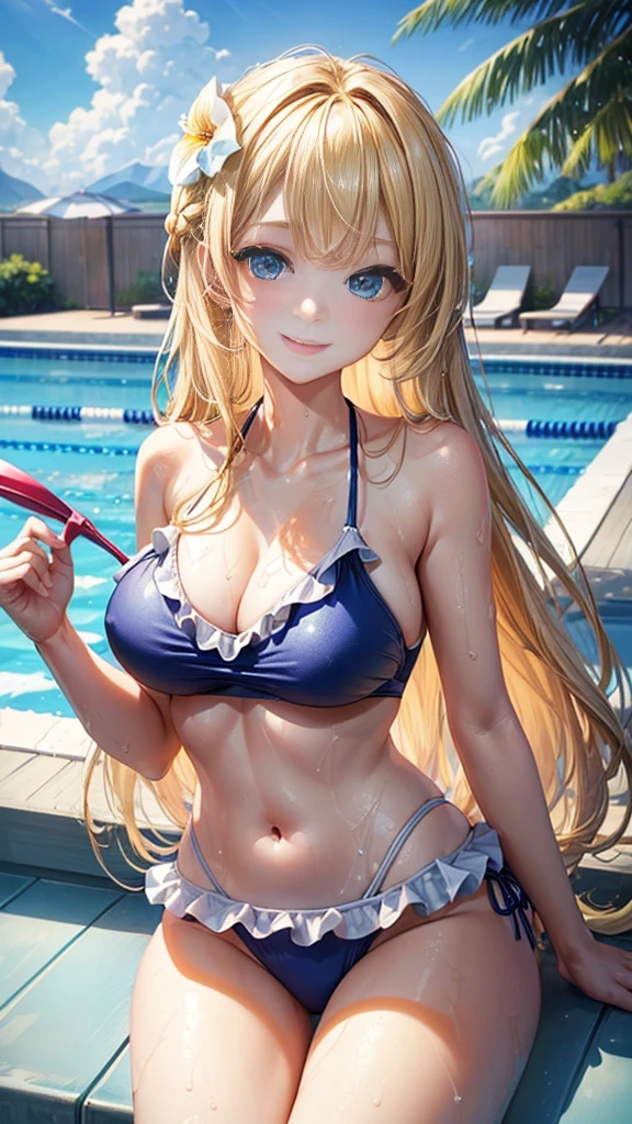 ((Highest quality、、masterpiece:1.3)), Upper Body、Long legs、Sharp focus:1.2, Beautiful woman with perfect figure:1.4、((Big Breasts:1.2)), (Smiling:1.2), Face and skin texture crafted to the smallest detail、Fine-grained、double eyelid、30-year-old female、sexly、((((Swimwear、Poolside、Blue Eyes、blonde、long hair))))