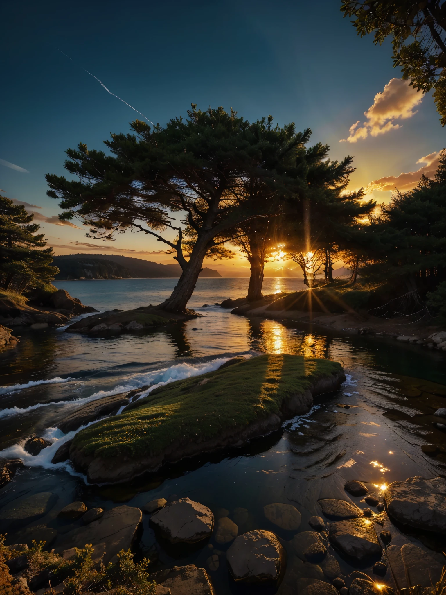 photorealistic landscape, natural landscapes, naturals, Natural Beautys, golden sunset, sky, sky Power, Detailed realistic sunset, Cedars, Cedar, God&#39;s city, Heavens Realm, mountainous landscape, Rivers of water, sunset Realism, natural treess, alone men, man on his back, man&#39;s back, panorama, Alpha Male, Caminho para o sky, heavenly, 8K Detailed Realistic Image, 16K Photorealistic Contrast, 8K Photorealistic Sharpness, Photorealistic 4K cores, 16K Photorealistic Shadows, 8K Photorealistic Textures, 16K Photorealistic Texture, 4K Photorealistic Light, 4K PhotoRealism, FullHD 4K Detailed Contrast, detailed sharpness FullHD 8K, detailed sharpness FullHD 4K, detailed sharpness, 2K detailed colors, lifelike colors, FullHD Detailed Shadows, 4K Detailed Textures, detailed texture, padoru, natural beautifuls, posh 