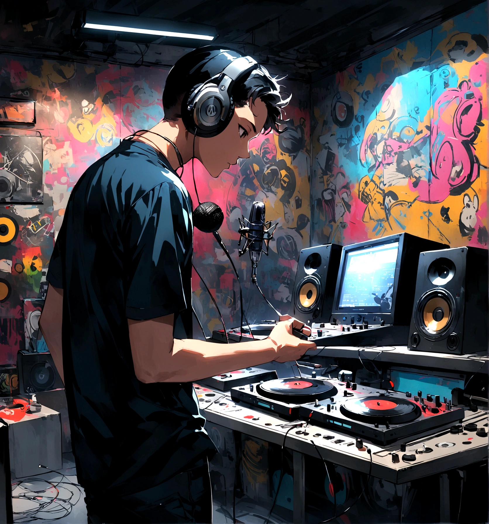 An urban music studio with hip-hop vibes. Vinyl records, graffiti art on the walls, a producer working on a beat machine, and a microphone ready for recording.