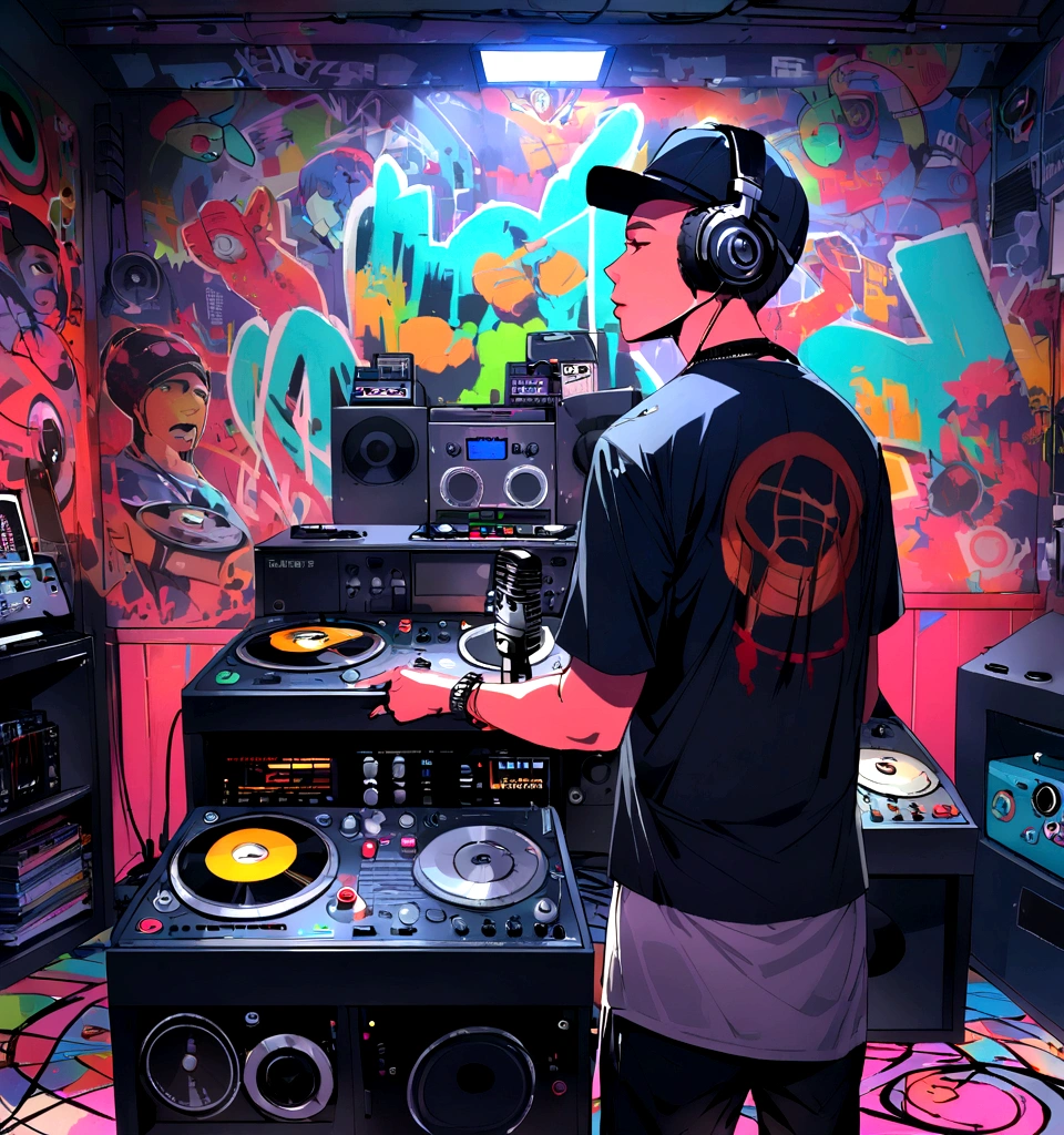 An urban music studio with hip-hop vibes. Vinyl records, graffiti art on the walls, a producer working on a beat machine, and a microphone ready for recording.