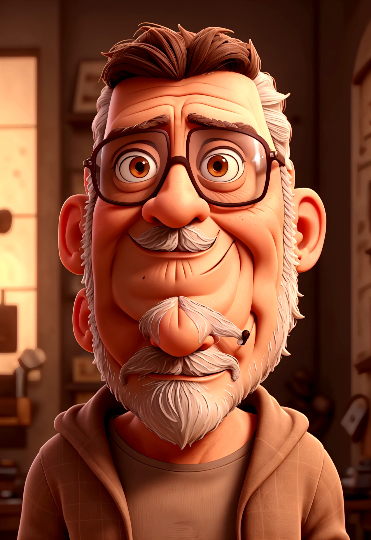 light brown man, greybeard, large rectangular glasses with translucent frames, eyes browns, imagem alta qualidade