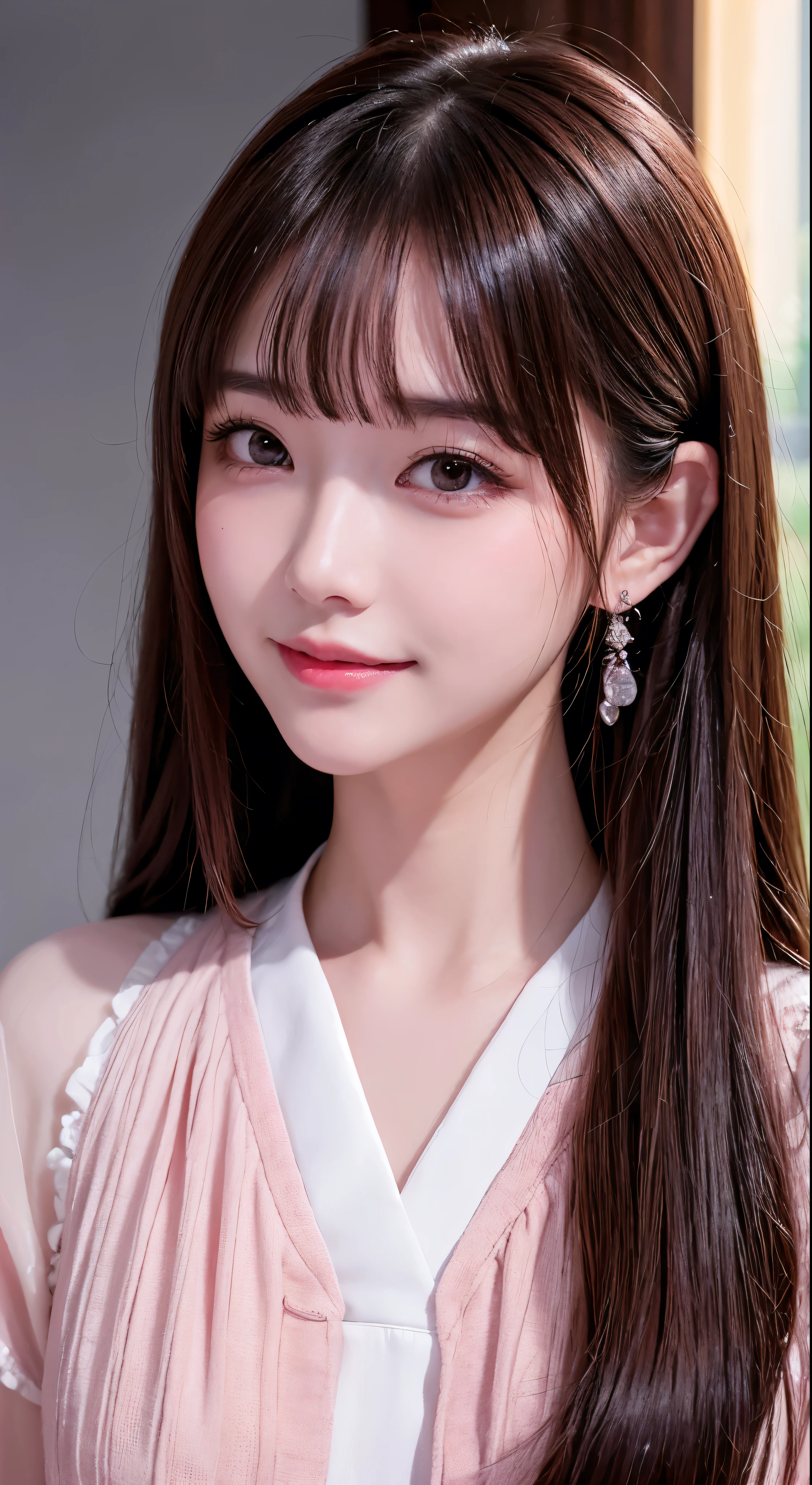 with high definition images，A light smile、ear blush、tooth、Chestnut Hair、bangs、Side Blade、Hello、Surrealism、Drop Shadow、Stereogram、Tachi-e、8K、Super detailed、Curate、Highest quality