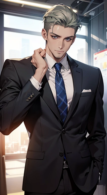 (best quality,4k,8k,highres,masterpiece:1.2),ultra-detailed,(realistic,photorealistic,photo-realistic:1.37),1 man,31 years old,mature man,very handsome,without expression,smile,short grey green hair,blue eyes,penetrating gaze,perfect face without errors,imposing posture,businessman,office background,cinematic lighting,hdr image