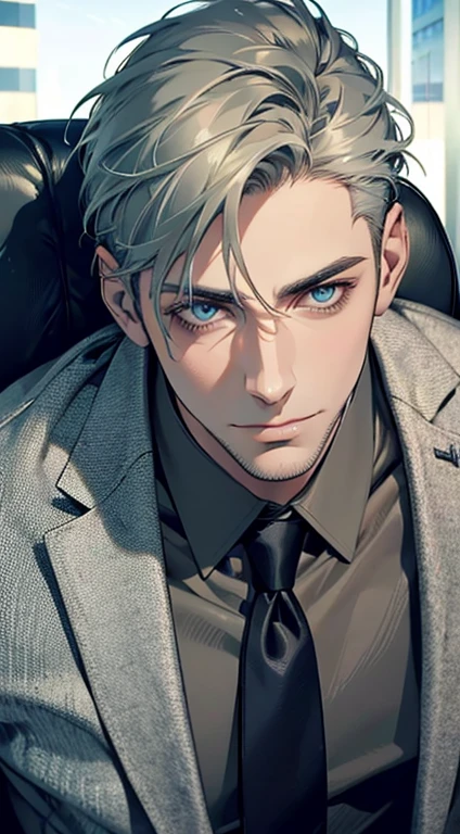 (best quality,4k,8k,highres,masterpiece:1.2),ultra-detailed,(realistic,photorealistic,photo-realistic:1.37),1 man,31 years old,mature man,very handsome,without expression,smile,short grey green hair,blue eyes,penetrating gaze,perfect face without errors,imposing posture,businessman,office background,cinematic lighting,hdr image