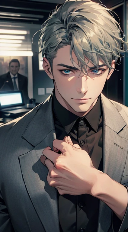 (best quality,4k,8k,highres,masterpiece:1.2),ultra-detailed,(realistic,photorealistic,photo-realistic:1.37),1 man,31 years old,mature man,very handsome,without expression,smile,short grey green hair,blue eyes,penetrating gaze,perfect face without errors,imposing posture,businessman,office background,cinematic lighting,hdr image