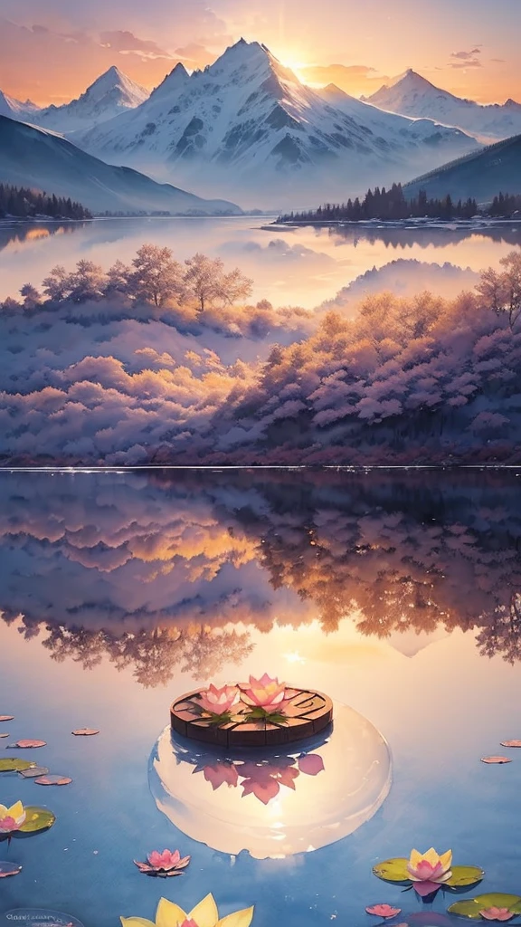(Extremely detailed,Reality:1.37),(watercolor),(Lotus flowers floating in a transparent pond),(Snow-capped mountains reflected in the water mirror),(Using barrel distortion to create a sense of depth),(Beautiful sunset sky),(Vividly depict from foreground to background),(Magnificent backlighting of the setting sun on the snowy mountains)