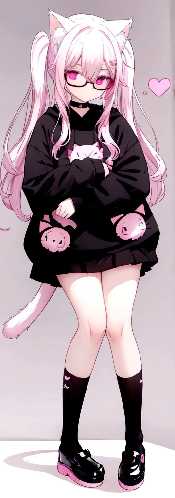 I have white pink hair, cat ears, a bow, my face is super blushing, black glasses, pink heart eyes, a big pink sweatshirt, a black skirt, black stockings, what&#39;s up, barefoot, a cat&#39;s tail, a girl Very shy