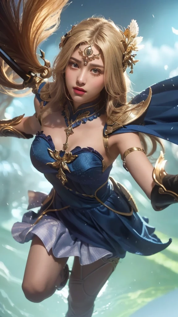 a young girl in a blue dress, holding a sword and a blue ball, beautiful detailed eyes, beautiful detailed lips, extremely detailed face, long eyelashes, realistic, photorealistic, 8k, highres, masterpiece, ultra-detailed, (best quality:1.2), (realistic:1.37), cinematic lighting, fantasy, dramatic, epic, intricate details, cinematic, fantasy art style, vibrant colors, glowing blue energy