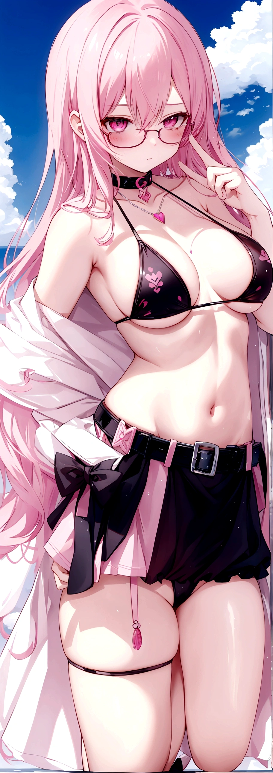 Pink hair, black glasses, pink eyes, extremely blushing, having very small breasts, wearing a bikini, being a reserved girl.