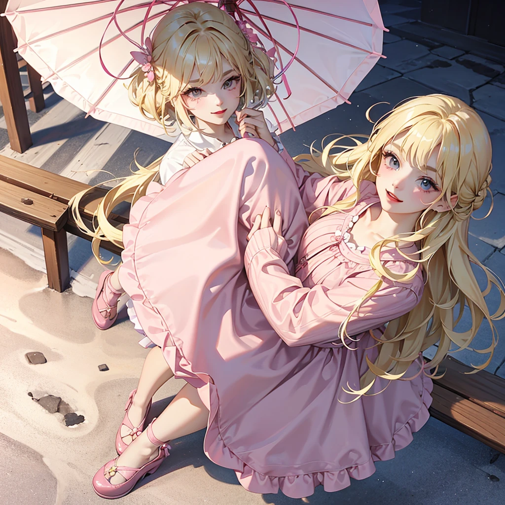 has blonde hair, with some brown highlights, besides wearing a pink vintage dress, and carries a bag with several explosives and a pink umbrella. wear a pink skirt, and a pink heel, besides wearing a lot of makeup, besides having a very mischievous smile