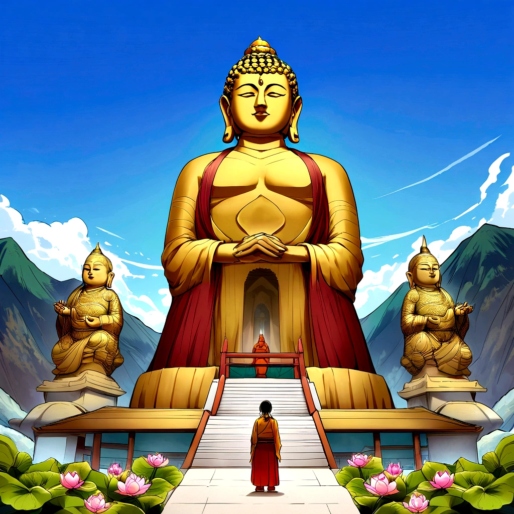 arafed man standing in front of a large statue of a buddha, omar shanti himalaya tibet, inspired by Kailash Chandra Meher, asuras giant yaksha statues, in front of the temple, guardian of the holy lake, in front of a temple, temple in the background, 3 4 5 3 1, standing gracefully upon a lotus, buddhism