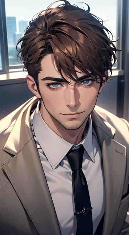 (best quality,4k,8k,highres,masterpiece:1.2),ultra-detailed,(realistic,photorealistic,photo-realistic:1.37),1 man,31 years old,mature man,very handsome,without expression,smile,short grey brown hair,blue eyes,penetrating gaze,perfect face without errors,imposing posture,businessman,office background,cinematic lighting,hdr image
