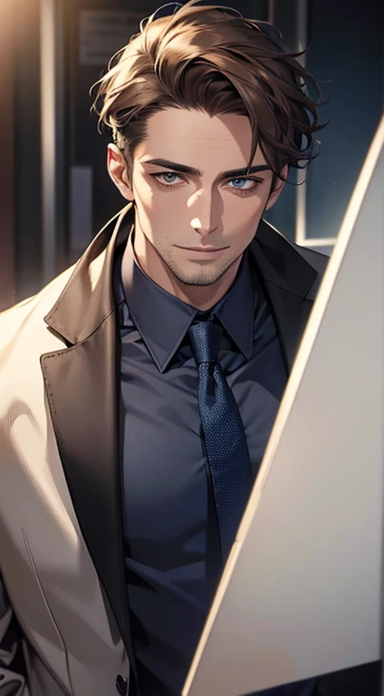 (best quality,4k,8k,highres,masterpiece:1.2),ultra-detailed,(realistic,photorealistic,photo-realistic:1.37),1 man,31 years old,mature man,very handsome,without expression,smile,short grey brown hair,blue eyes,penetrating gaze,perfect face without errors,imposing posture,businessman,office background,cinematic lighting,hdr image