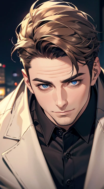 (best quality,4k,8k,highres,masterpiece:1.2),ultra-detailed,(realistic,photorealistic,photo-realistic:1.37),1 man,31 years old,mature man,very handsome,without expression,smile,short grey brown hair,blue eyes,penetrating gaze,perfect face without errors,imposing posture,businessman,office background,cinematic lighting,hdr image