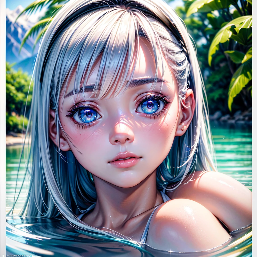 Tokidoki Bosotto a young girl sitting by a serene light blue lake, surrounded by lush vegetation and a snowy mountain in the distance, wearing a white bikini with a small red ribbon tied on the left side of her white hair, pale skin, white eyebrows and eyelashes, blue eyes, a cute and gentle facial expression, (best quality,4k,8k,highres,masterpiece:1.2),ultra-detailed,(realistic,photorealistic,photo-realistic:1.37),HDR,UHD,studio lighting,ultra-fine painting,sharp focus,physically-based rendering,extreme detail description,professional,vivid colors,bokeh,portrait
