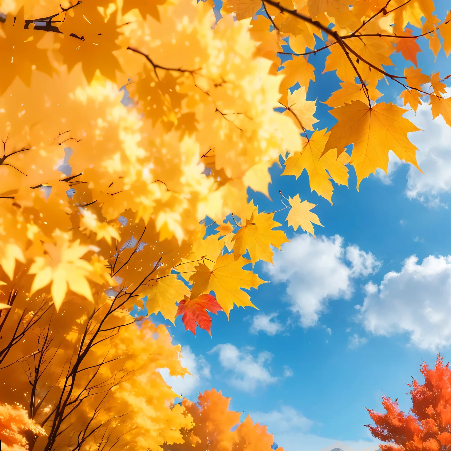 (Highest quality, High resolution), Landscape of autumn leaves.Vibrant colors,Low - Angle,

(Deep autumn sky:1.3),Soft and natural lighting.Autumn leaves background, Vibrant colorsの葉, The golden leaves gently fall, wood々Warm sunlight shining in from between, Peaceful and calm atmosphere, Soft rays of light illuminating the scene, The sound of rustling leaves, Fresh, cool air,  A carpet of fallen leaves on the ground, Quiet and picturesque setting, Natural beauty in full bloom, 