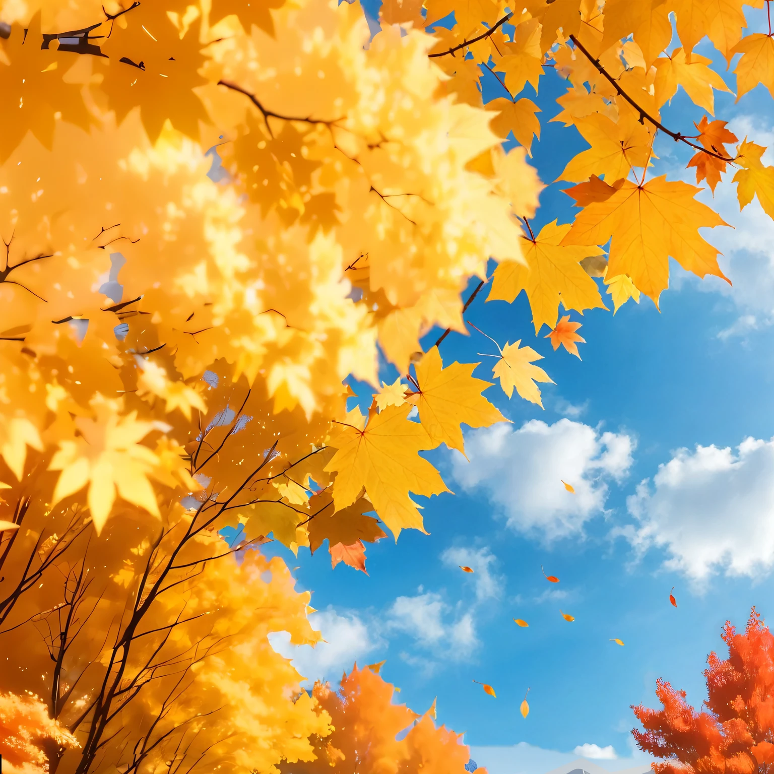 (Highest quality, High resolution), Landscape of autumn leaves.Vibrant colors,Low - Angle,
(Deep autumn sky:1.3),Soft and natural lighting.Autumn leaves background, Vibrant colorsの葉, The golden leaves gently fall, wood々Warm sunlight shining in from between, Peaceful and calm atmosphere, Soft rays of light illuminating the scene, The sound of rustling leaves, Fresh, cool air, A carpet of fallen leaves on the ground, Quiet and picturesque setting, Natural beauty in full bloom,