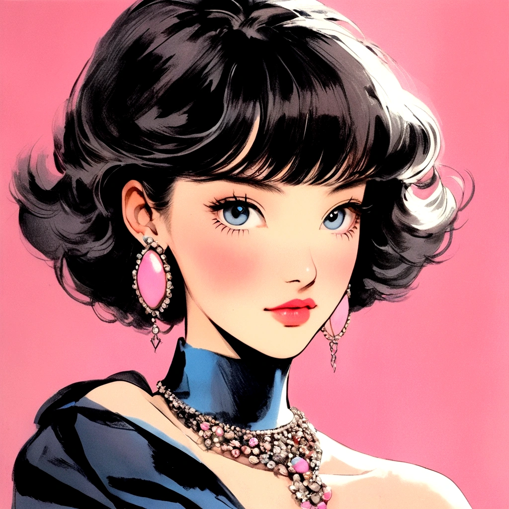 A retro girl（Cute:1.3 points）,（Eighties:1.4 points）,（Retro Hong Kong style:1.3 points），Vintage pictorial，Showa manga，1990s animation style，Vintage jewelry，Black short hair，earrings，necklace，Blue Eyes，Bow，Bust，clavicle，Pink lips，Off-shoulder tops，黑色necklace，Bangs，Simple background，（Gray tone：1.2）
