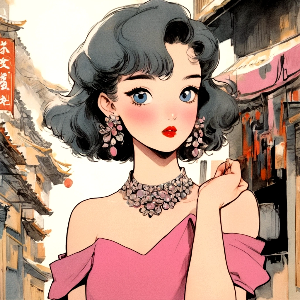 A retro girl(Cute:1.3 points),(Eighties:1.4 points),(Retro Hong Kong style:1.3 points),Vintage pictorial,Showa manga,1990s animation style,Vintage jewelry,Black short hair,earrings,necklace,Blue Eyes,Bow,Bust,clavicle,Pink lips,Off-shoulder tops,黑色necklace,Bangs,Simple background,(Gray tone:1.2)