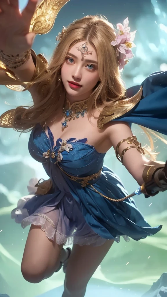 a young girl in a blue dress, holding a sword and a blue ball, beautiful detailed eyes, beautiful detailed lips, extremely detailed face, long eyelashes, smile, realistic, photorealistic, 8k, highres, masterpiece, ultra-detailed, (best quality:1.2), (realistic:1.37), cinematic lighting, fantasy, dramatic, epic, intricate details, cinematic, fantasy art style, vibrant colors, glowing blue energy