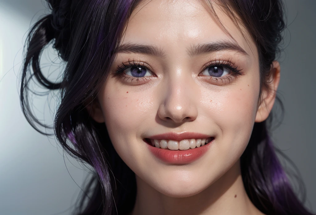 1 girl, 25 years old, south korean, 4k, masterpiece, realistic, realistic textures, frekles under eyes, long whavy black hair, purple fade hair, shining purple pupils, detailed pupils, red lips, red eyeliners, happy, big smile, perfect teeth, multiple of frekles under eyes, detailed face, detailed eyes, facing camera, bright colors, close up, face focus.