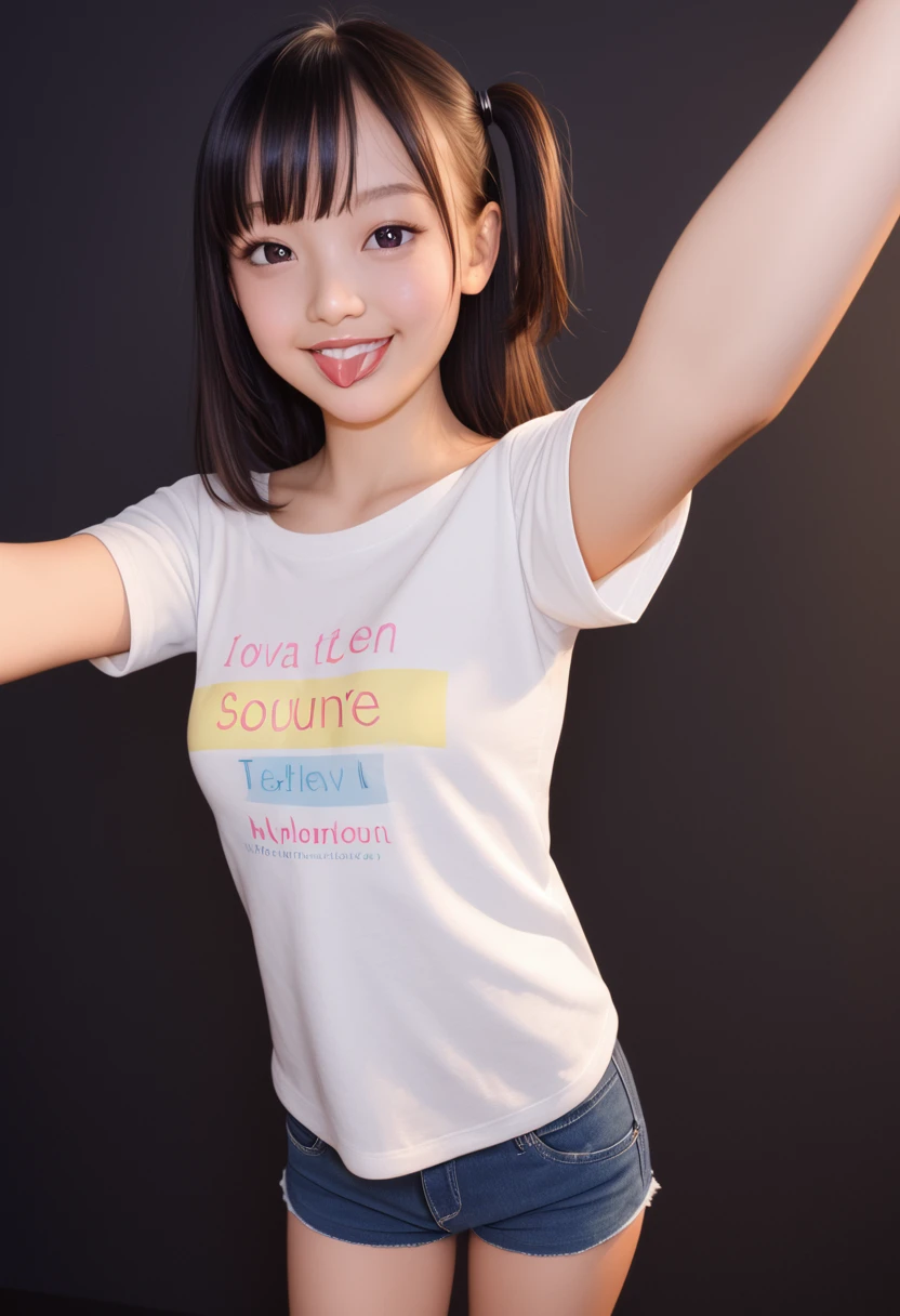 ollarbone,pastel colors t-shirt,off-shoulder look,bare shoulder,midriff peek,micro shorts,open mouth,tongue out,cum on tongue,stand,slouch,flont view,cowboy shot,Selfie,eye-level shot,(1girl,Beautiful 14 year old girl),((Slender,Small breasts,Small face,)),looking at viewer,Black Hair,bangs,one side up,Beautiful and detailed,Mischievous smile,Dimly lit room,Simple Background,Black background,Low lighting
