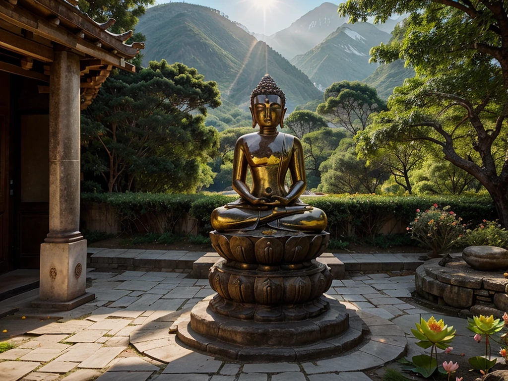 Buddha statues, temples, mountains, sunlight, lotus flowers, Dharma practitioners