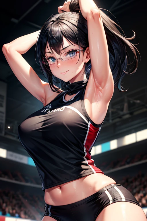 8k high resolution, detailed face, detailed body, perfect body, ultra high quality, 1 girl, black volleyball uniform ,sleeveless, seductive smile, arms up, armpit, sweating, sweaty armpits, blue eyes, glasses, gym background