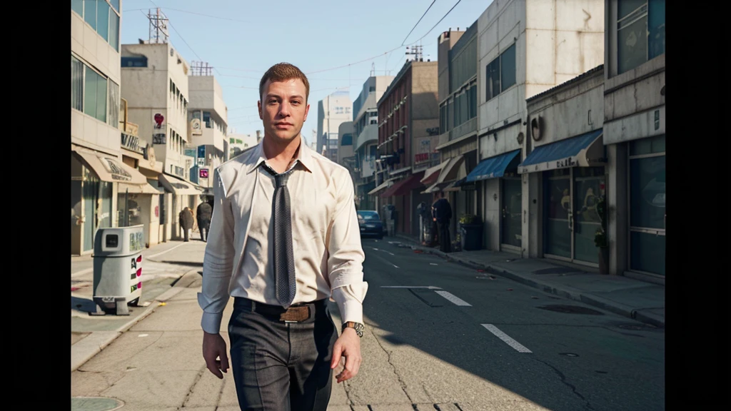 a closeup of a white man in a tie and shirt walking down a street, GTA5 style, Style GTA V, GTA V style, as gtav character, Estilo urbano GTA V, gta character, gta v character, gta 6 style, Elon Musk a GTA V, as the protagonist of gta 5, Mark Zuckerberg en GTA V., Estilo Grand Theft Auto