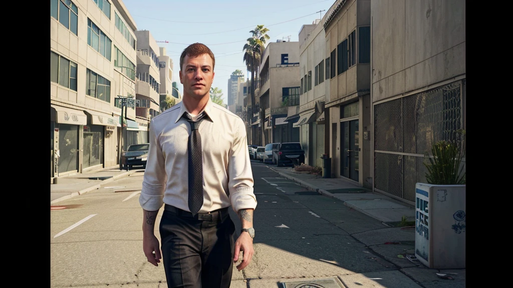 a closeup of a white man in a tie and shirt walking down a street, GTA5 style, Style GTA V, GTA V style, as gtav character, Estilo urbano GTA V, gta character, gta v character, gta 6 style, Elon Musk a GTA V, as the protagonist of gta 5, Mark Zuckerberg en GTA V., Estilo Grand Theft Auto