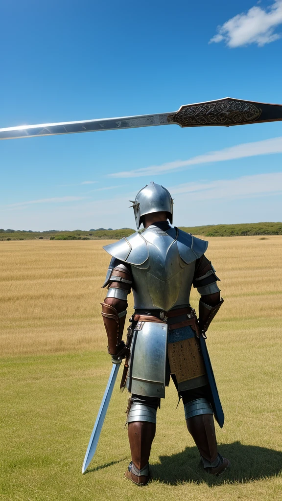 high resolution、8K、Vast grassland、Blue sky、One man、Gazing into the distance、Wearing medieval armor and holding a sword、back pose、((Realistic))、Elaborate、
